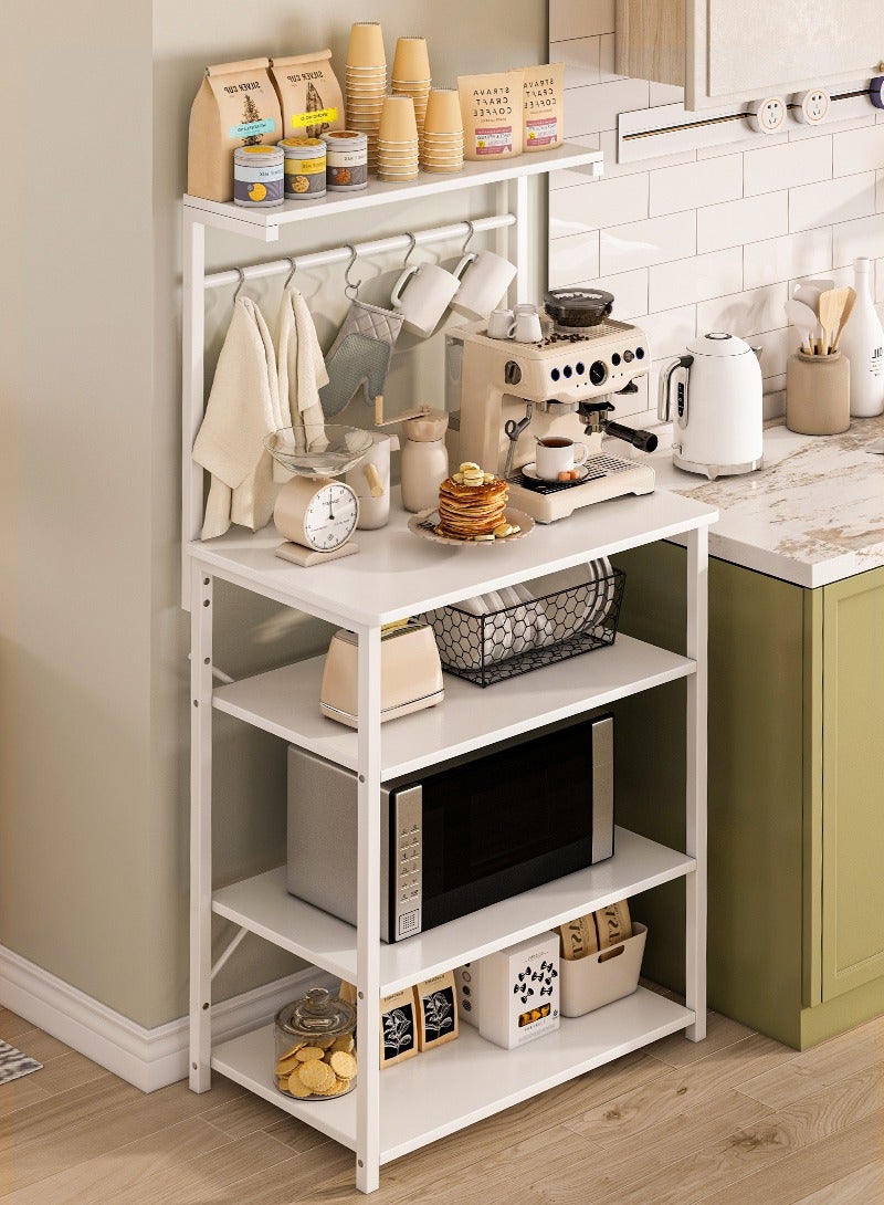 Kitchen Storage Rack, Coffee Corner Table with 4 Tiers, Kitchen Microwave Stand with 5 S-shaped Hooks, Kitchen Storage Shelf for Spices, Coffee Machine and Home Appliances